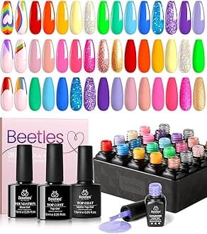 Beetles Gel Polish Set 20 Colors Glitter Pink Red Green Blue Nail Polish Glitter Bright Rainbow Collection Sparkle Gel Base Glossy & Matte Top Coat UV Gel Gift for Women & Girls