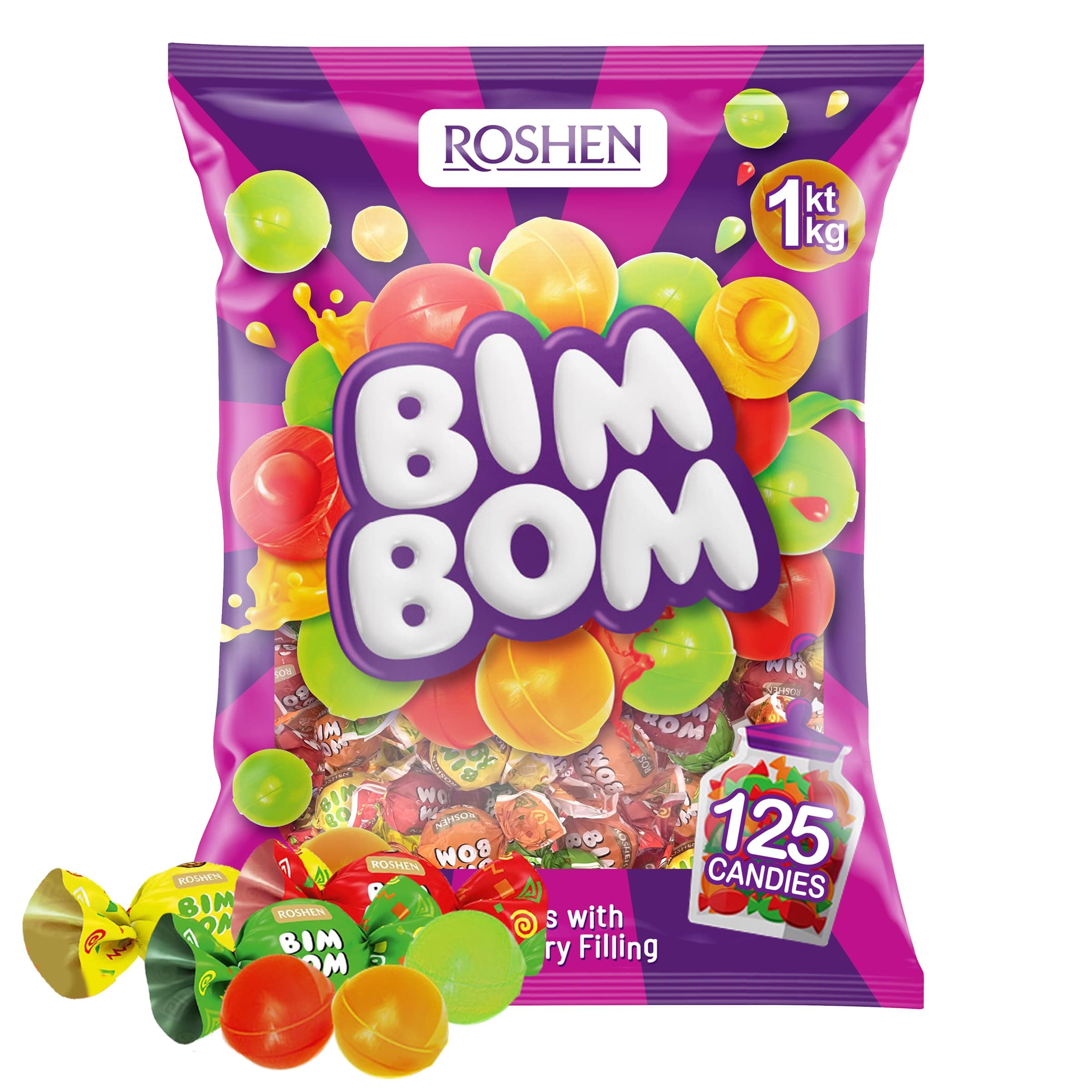 Bim Bom Hard Candy, Assorted Fruit & Berry Filled Candies, Individually Wrapped, Bulk 2.2 lbs (1 kg), Approx. 124 Pieces – Pear, Pineapple, Strawberry, Tutti-Frutti Flavors