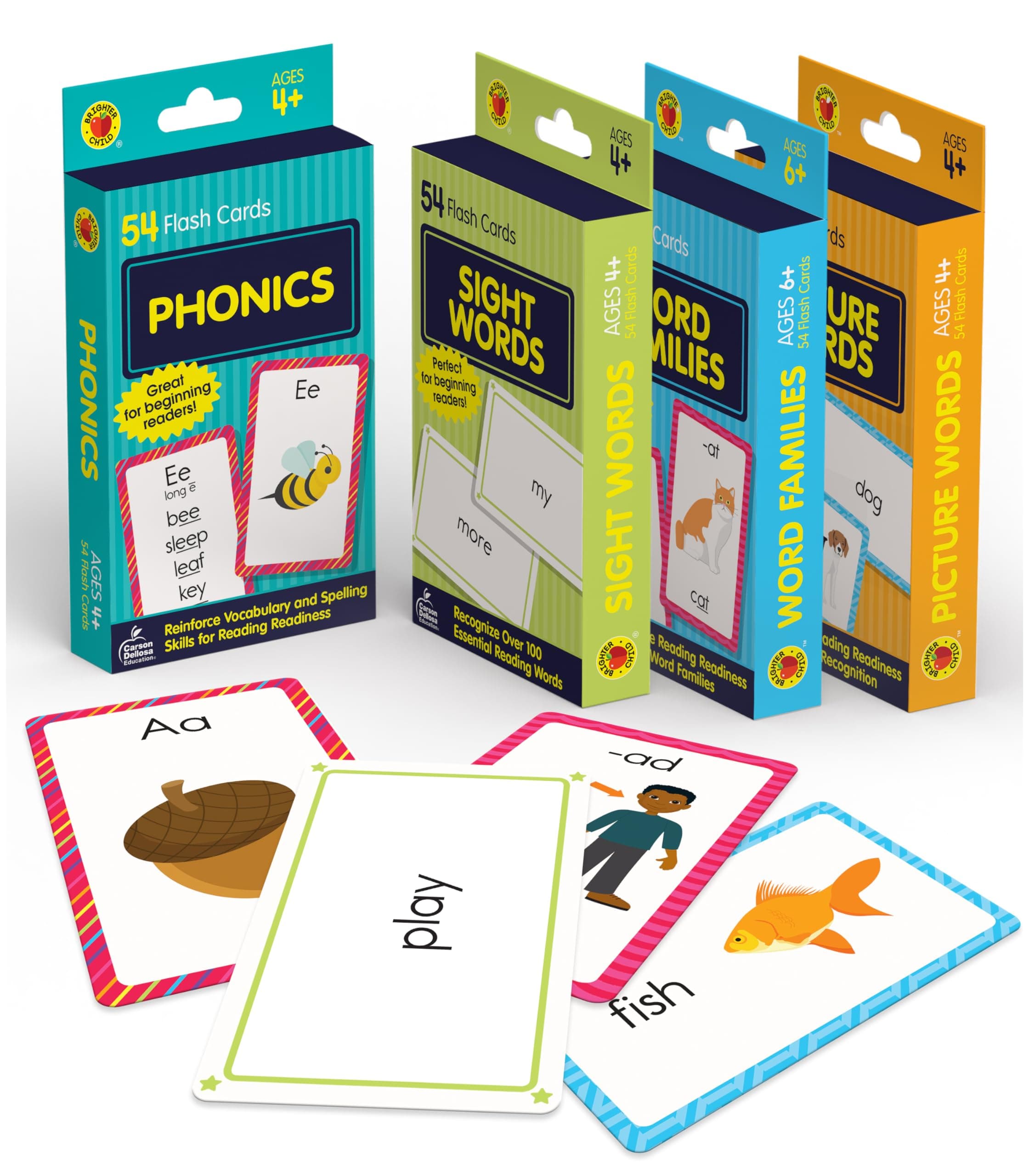 Carson Dellosa Education Reading Flash Card Bundle—PreK-Grade 3, 4-Pack of Double-Sided Sight Words, Word Families, Picture Words, and Phonics Flash Cards, Ages 4+ (216 ct)
