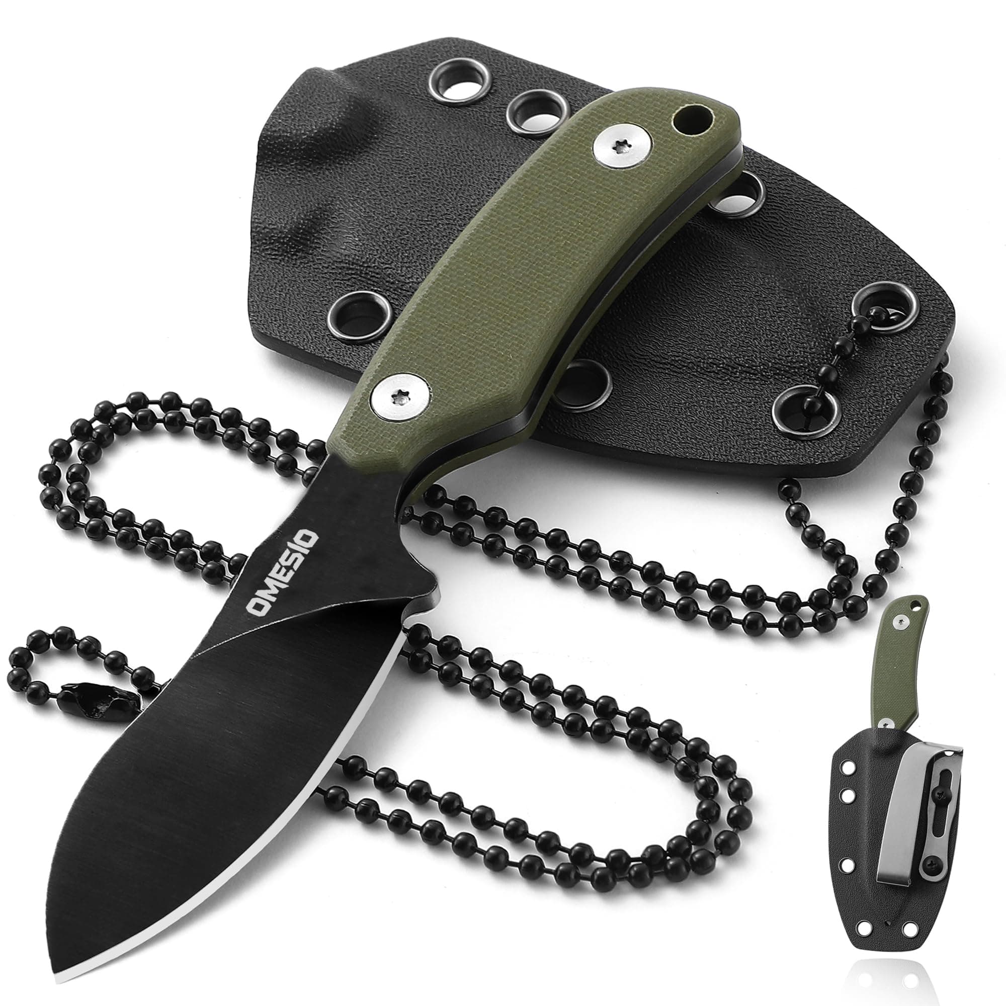 Omesio Neck Knife with Clip, 5.9" Fixed Blade With Kydex Sheath and Necklance, Nessmuk Blade Small Full Tang Tactical, D2 Steel G10 Handle for EDC, Outdoor, Survival