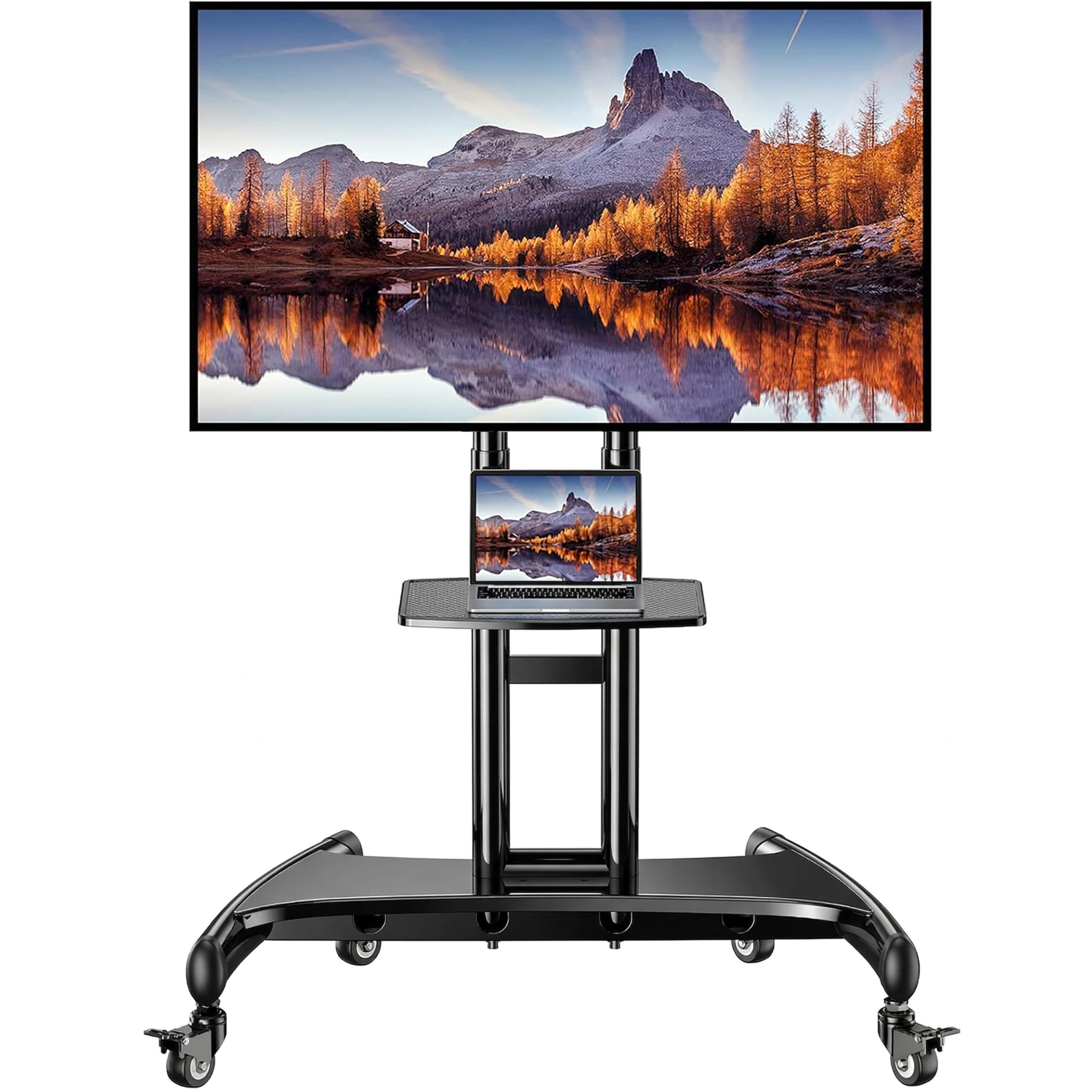 Perlegear Rolling TV Stand for 32-82 Inch Flat/Curved LED/LCD/OLED TVs, Outdoor Mobile TV Carts on Wheels with Adjustable Shelf, VESA 600x400mm up to 100lbs, Portable Mount with Wheels PGTVMC05-1