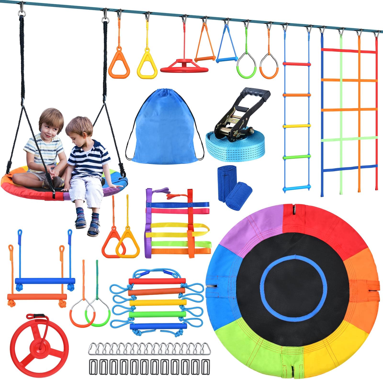 Hapfan 50 FT Ninja Warrior Obstacle Course Swing Set for Kids with Weather-Proof Accessories, Outdoor Playset with Monkey Bars for Backyard