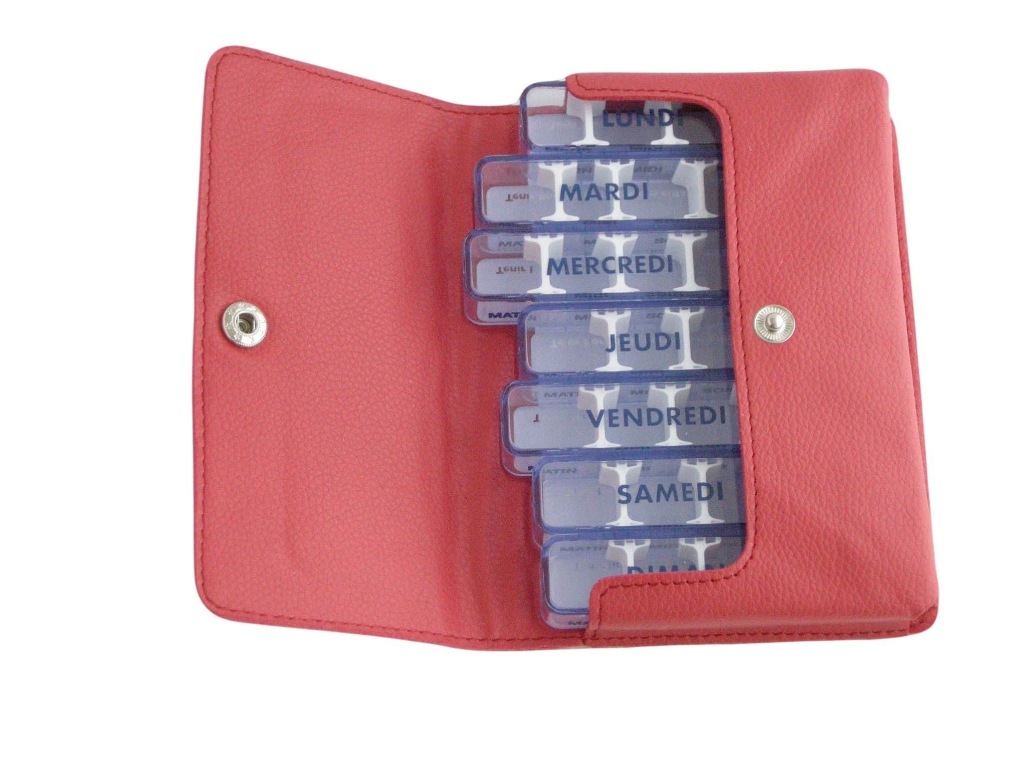 Medidos Pill Box, Red - Imitation Red Pill Box for Small Medicines Containing 7 Independent Daily Boxes, Each with 4 Adjustable Compartments, in a Soft Synthetic Case