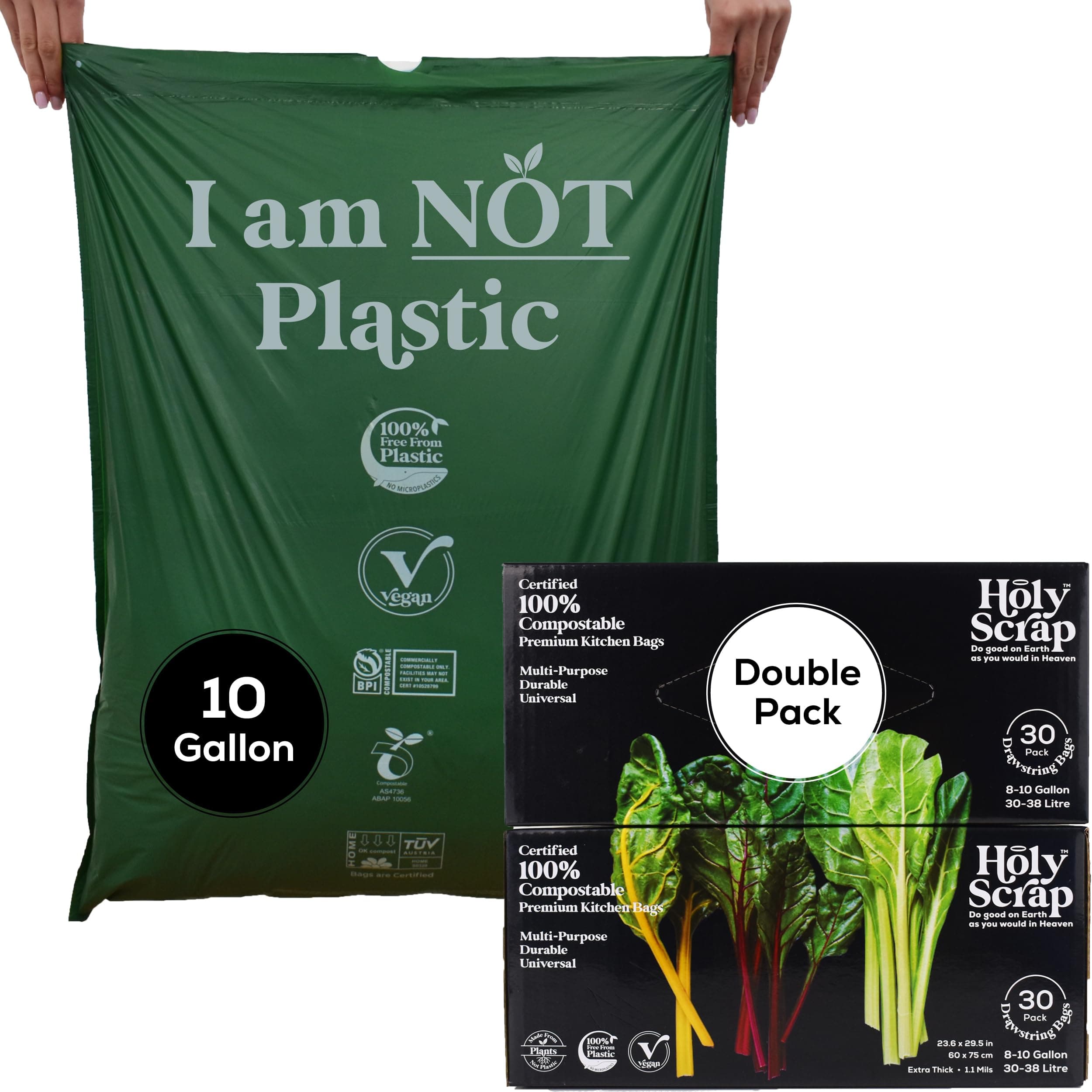 Large Compostable Drawstring Trash Bags - 8-10 Gallon, 60 Pack | Plastic-Free Kitchen & Bathroom Garbage Bags with Drawstring Handles | Thick Bin Bag Liners for Green & Food Waste
