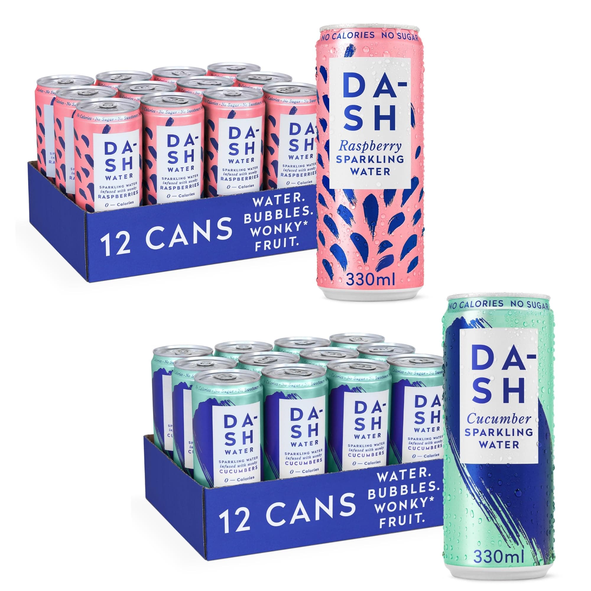 Dash Water Raspberry & Cucumber - 24 x Flavoured Sparkling Spring Water NO Sugar, NO Sweetener, NO Calories - Infused with Wonky Fruit (12 Raspberry & 12 Lemon x 330ml cans)