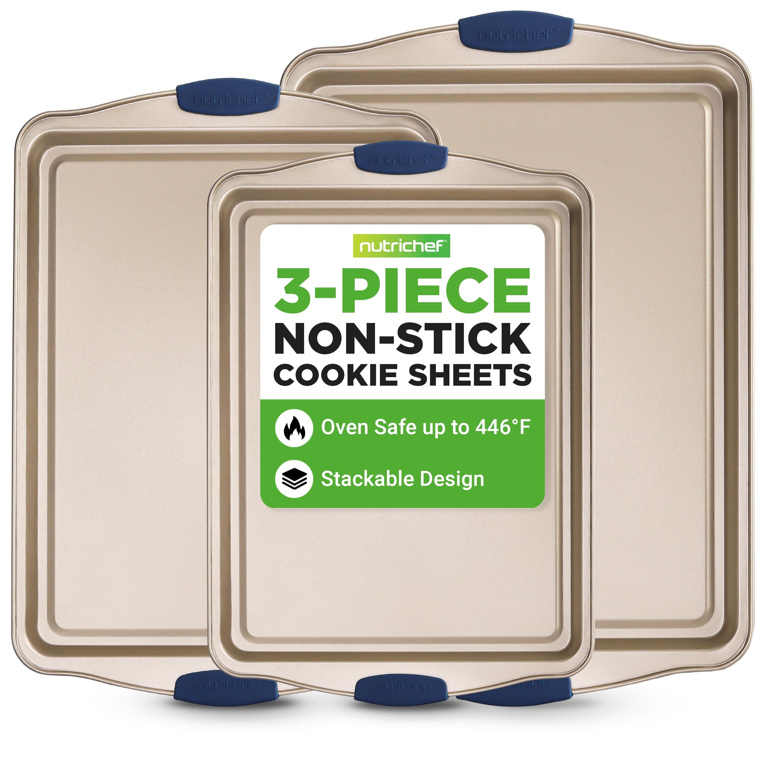 NutriChef 3‑Piece Non‑Toxic Cookie Sheets for Baking – Premium Carbon Steel Oven Tray Set with Blue Silicone Handles – Nonstick Baking Sheet Set for Cookies, Pastries & Oven‑Safe Cooking
