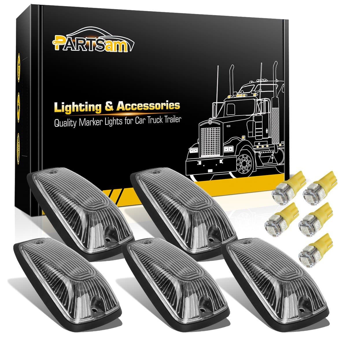 Partsam 5X Cab Marker Light Top Roof Running Light Clear Lens/Base 264159CL + 5X Amber T10 LED Light Bulbs Compatible with / C1500 C2500 C3500 K1500 K2500 K3500 1988-2002 Kodiak Topkick
