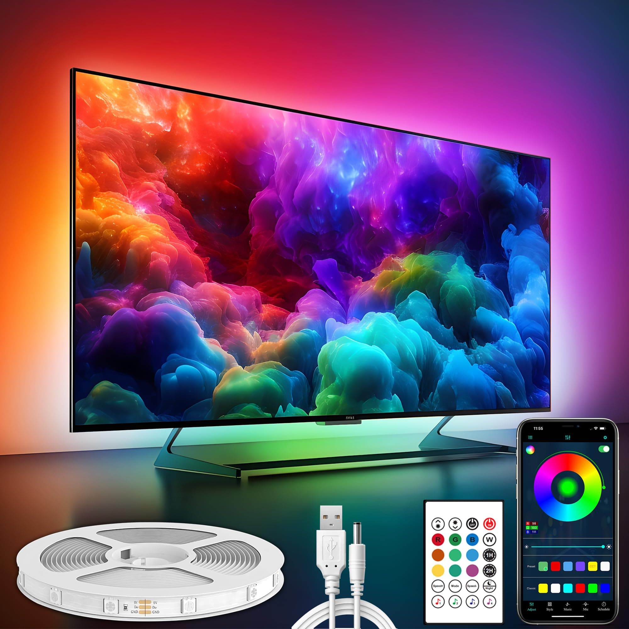 Maylit ICRGB TV LED Backlight, App Control Lights for 76-100in Monitor, Music Sync Color Changing Strip Lights for Home Decor, USB Powered Gaming Accessories Light for Bedroom Room Decor