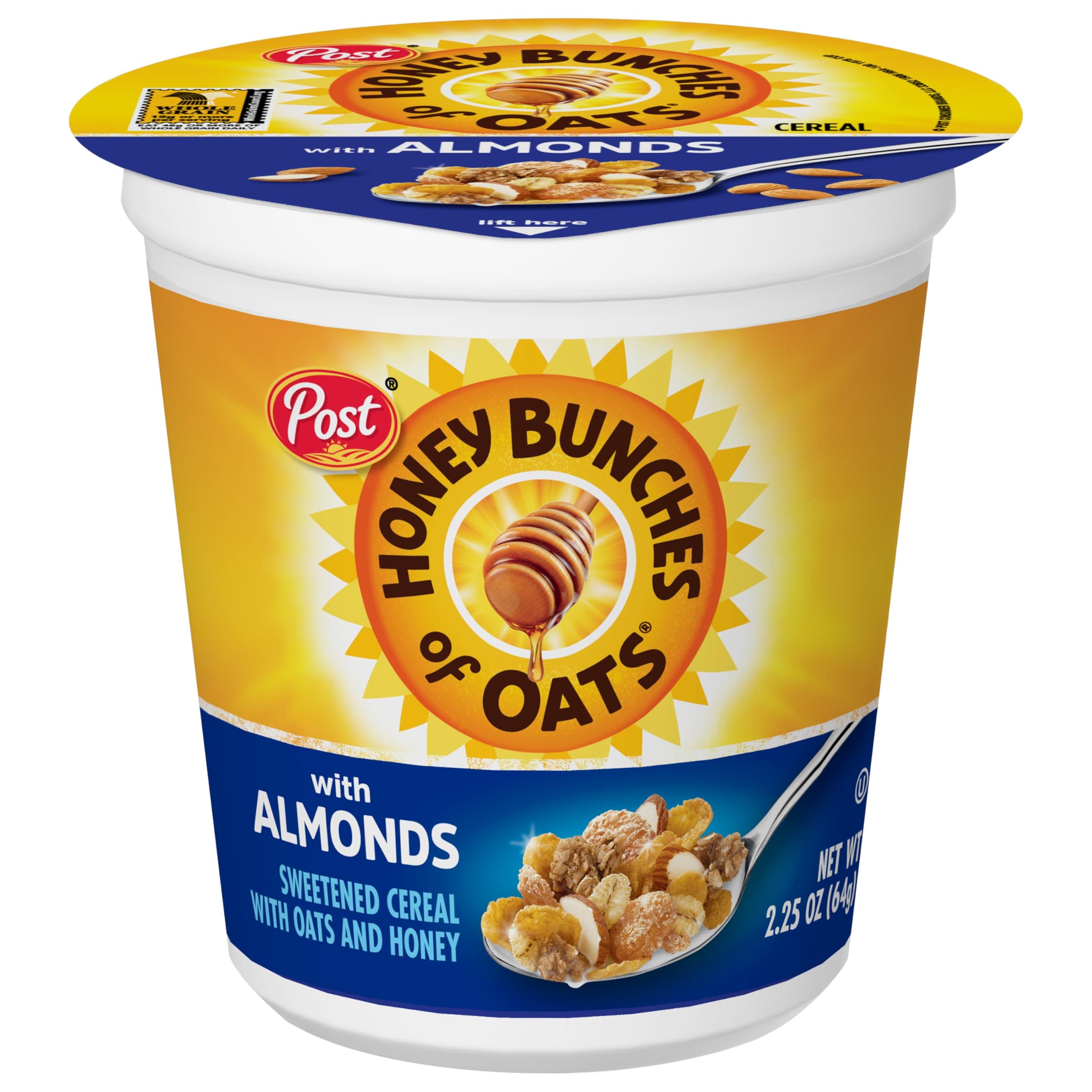 Honey Bunches of Oats with Almonds Breakfast Cereal Cup with Oat and Granola Clusters, Individual Cereal Cup, On-The-Go Breakfast, 2.25 oz Cup (Pack of 12)