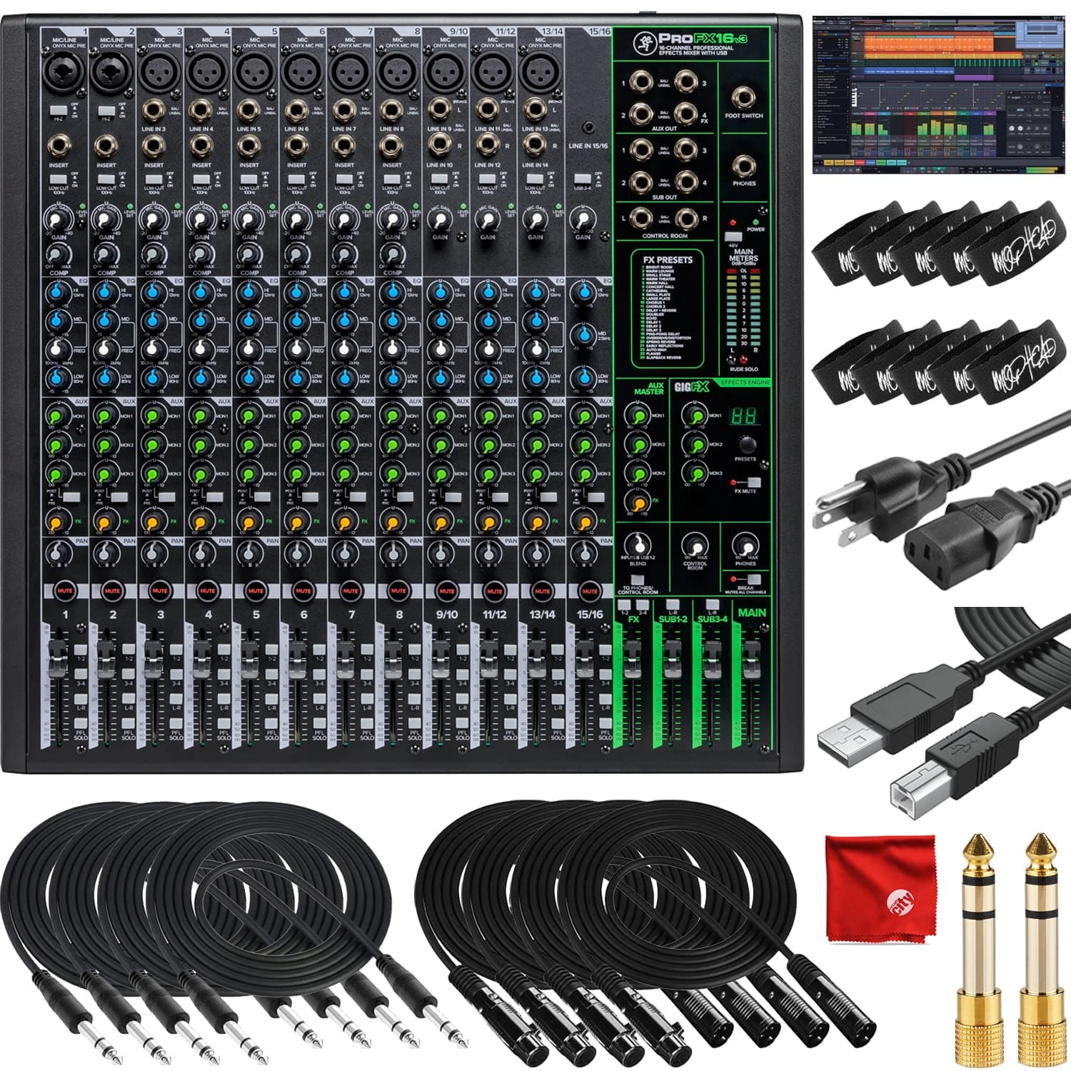 ProFX16v3 16-Channel Unpowered Mixer USB Bundle with Waveform OEM DAW, 4x Mophead 10-Foot TRS Cable, 4x 10-Foot XLR Cable, 2x 1/4" to 3.5mm Adapter, 10x Cable Ties and Microfiber Cloth