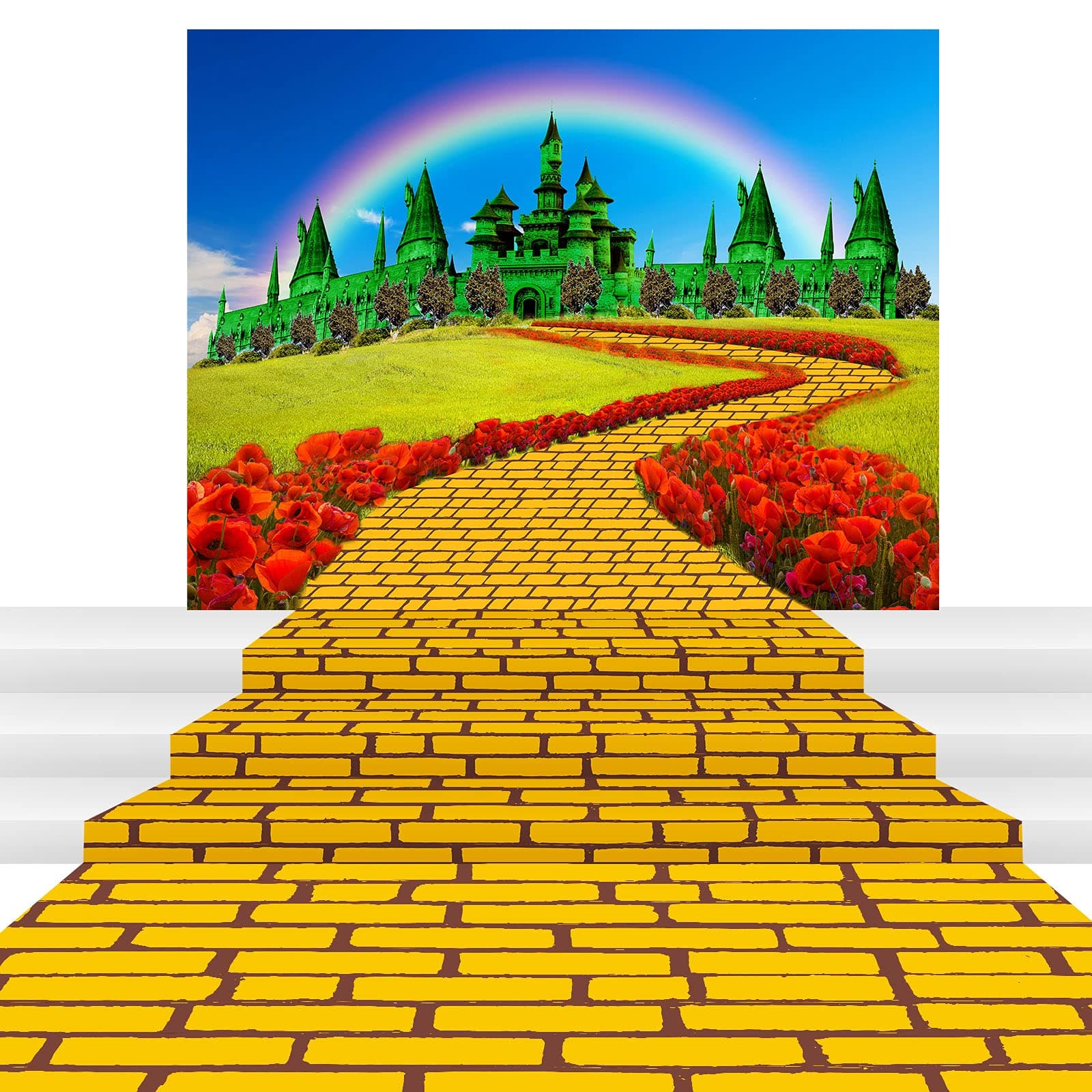 Outus 2 Pcs Large Yellow Brick Runner and Castle Backdrop for Wizard Party Decorations Brick Runner Poppies Floral Rainbow Photography Background Halloween Princess Party Decor Supplies