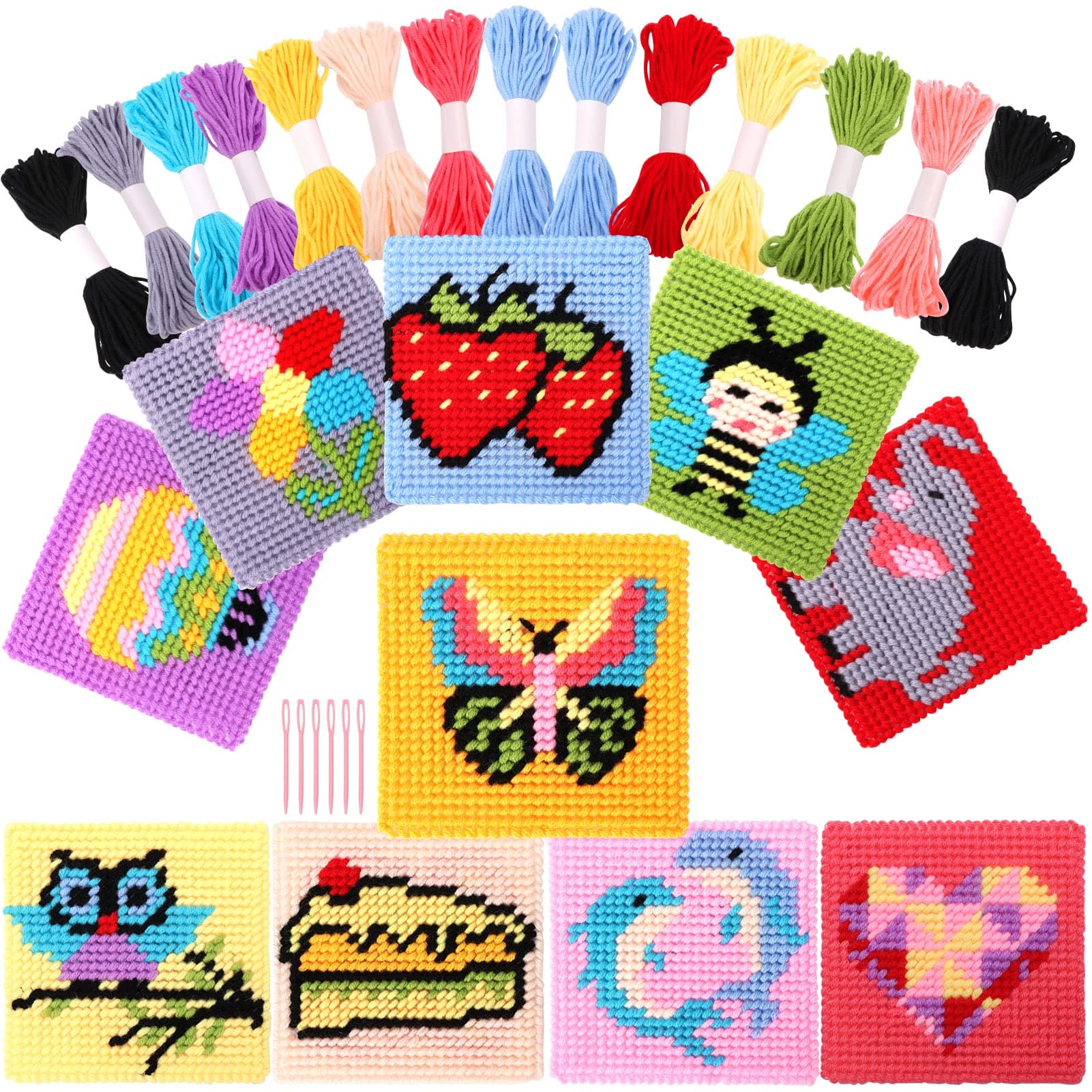 10-in-1 Cross Stitch Beginner Kit for Kids, Includes Instruction of 10 Different Patterns, 10 Blank Plastic Canvas for Needlework, and 14 Colored Threads, Needlepoint Starter Sewing Set