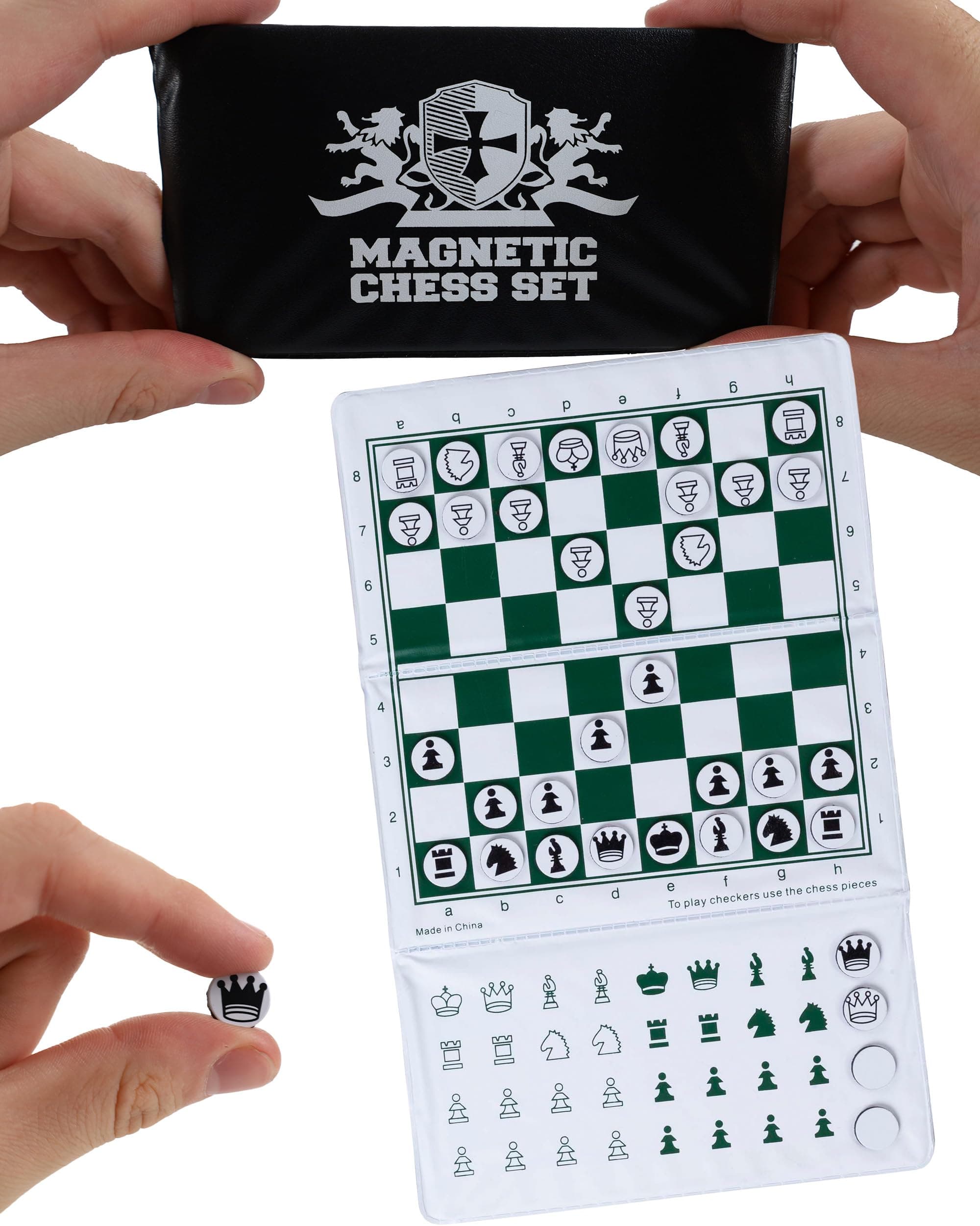 WE Games Mini Magnetic Travel Chess Set – 6-Inch Foldable Board with Durable Vinyl Pieces & Extra Queens– Indoor & Outdoor Magnetic Chess Game - White Logo