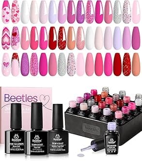 Beetles Pink Gel Polish Set Spring 20 Colors Hot Pink Alluring Sweetie Collection Nude Purple Glitter Red Uv Gel Manicure Kit with Base Glossy and Glitter Top Coat Gifts for Women