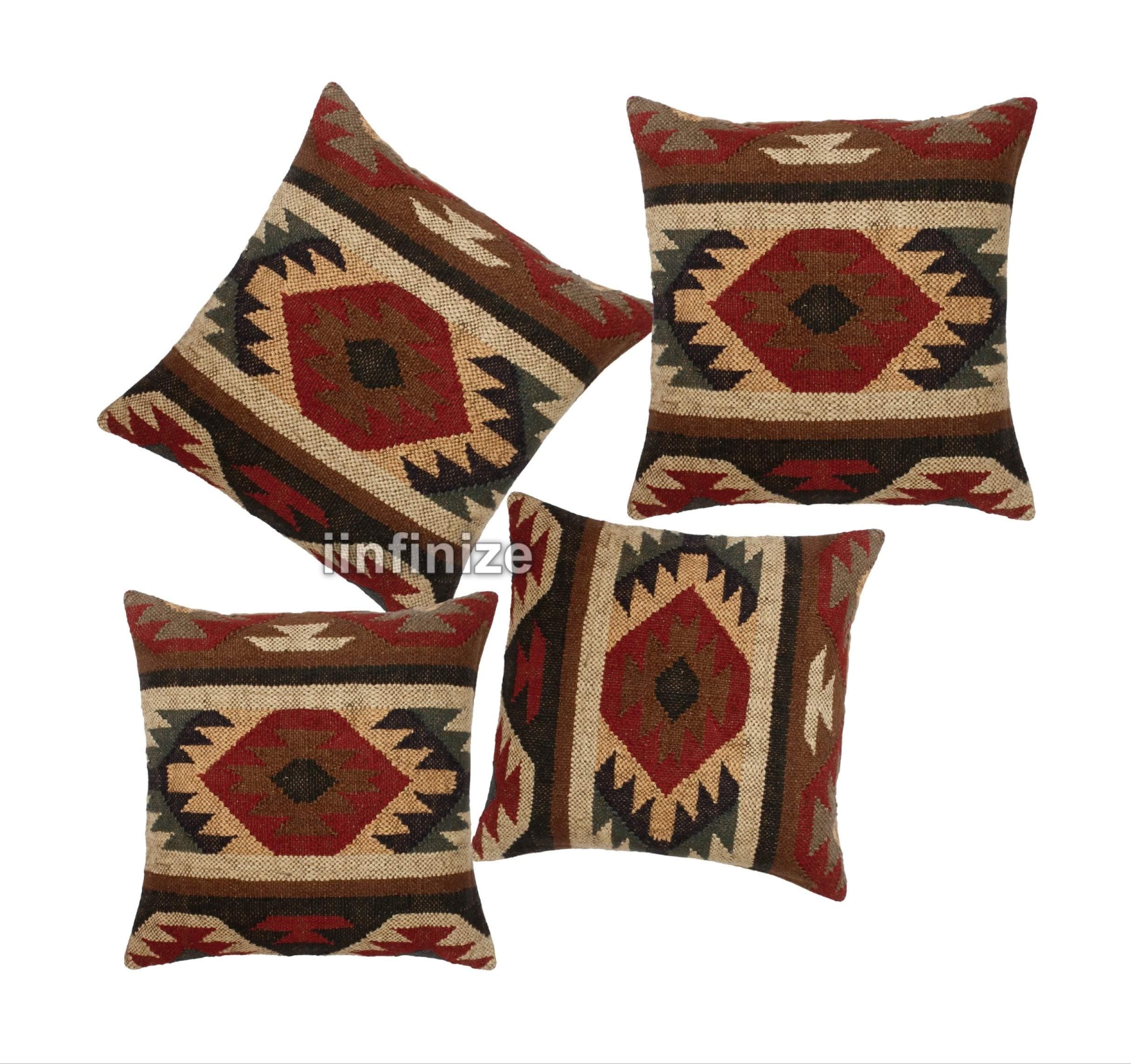 iinfinize Rustic Pillow Case | Throw Decorative Pillow Cover Kilim Wool Jute Furniture Sofa Cushion Case | 18X18 Inch (2)
