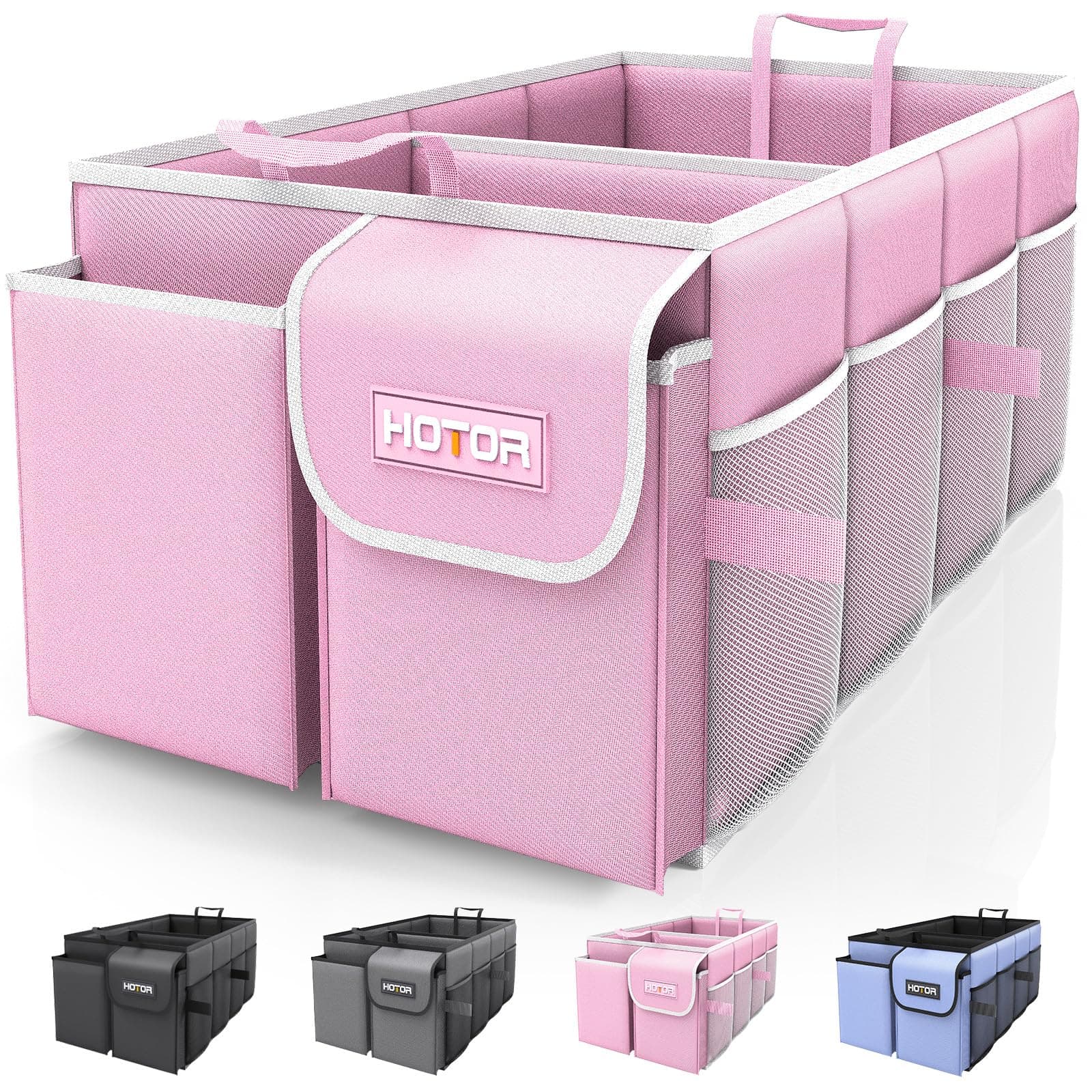 HOTOR Trunk Organizer for Car - Car Organizer, Foldable Trunk organizer for SUVs & Sedans, Sturdy Organization for Car Accessories, Tools, Sundries, Pink, 2 Compartments, 21.3"×12.6"×10.6"