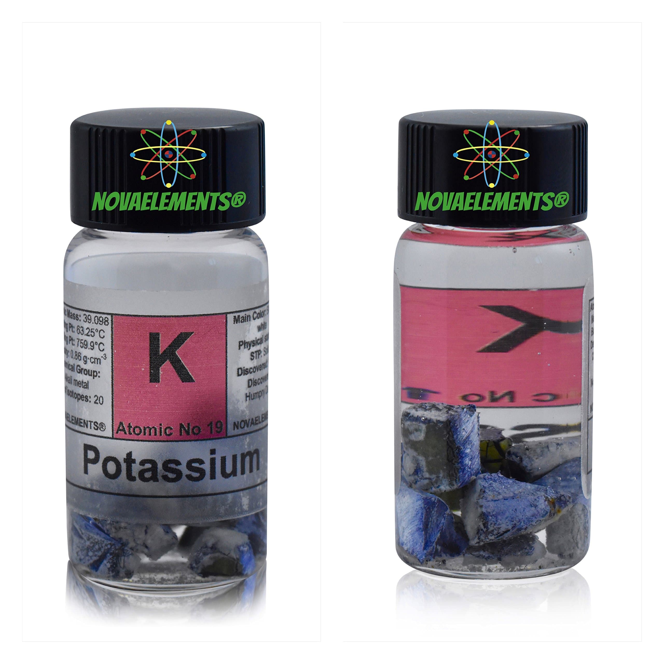 Potassium Metal Element 19 Sample K, Pure 1 Gram 99,8% Pieces Under Mineral Oil in Labeled Glass Vial