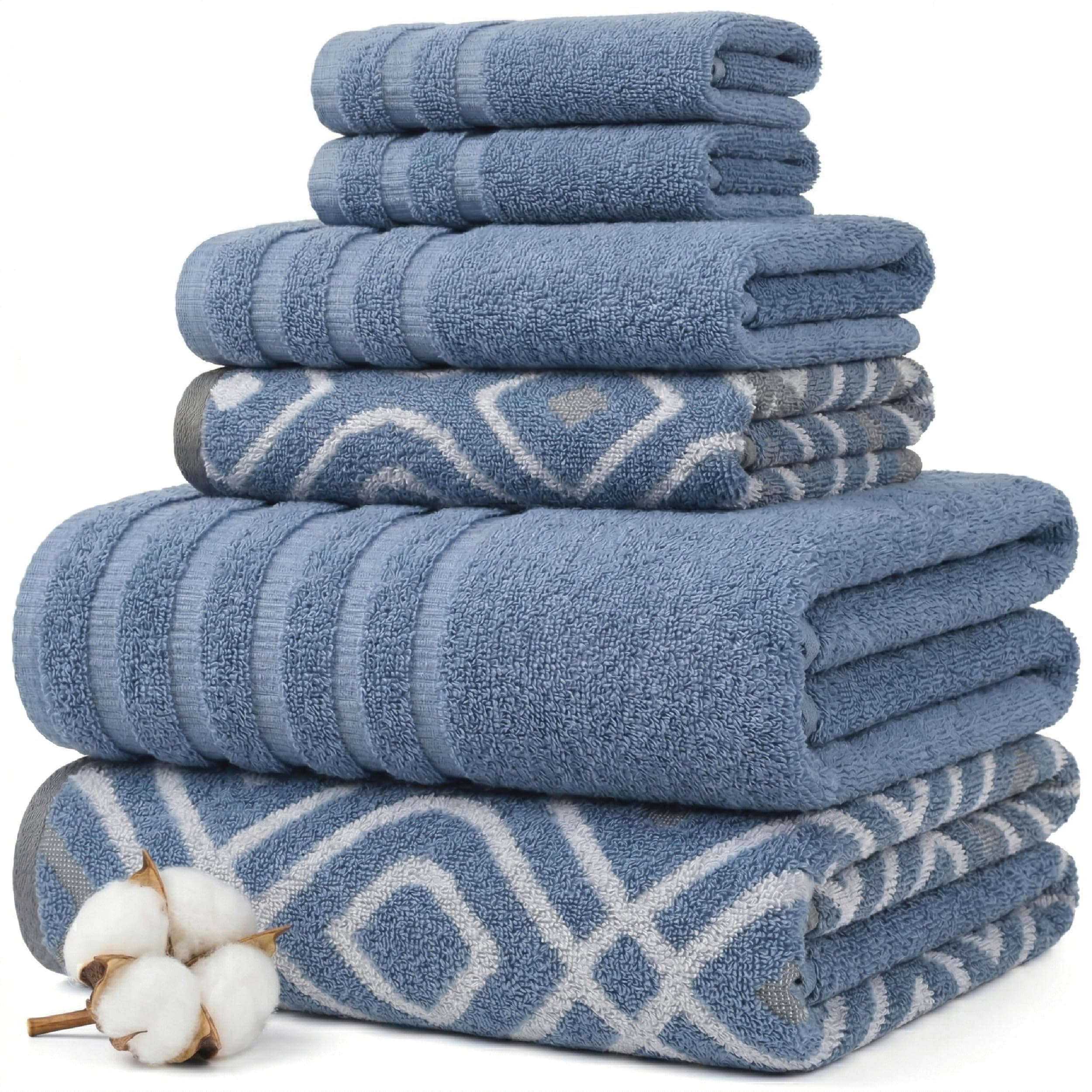 Modern Threads Classic Diamond 6-Piece 100% Cotton Towel Set – Yarn Dyed Jacquard – Includes 2 Bath Towels, 2 Hand Towels, 2 Washcloths – Absorbent, Quick Dry, Soft & Durable – Blue