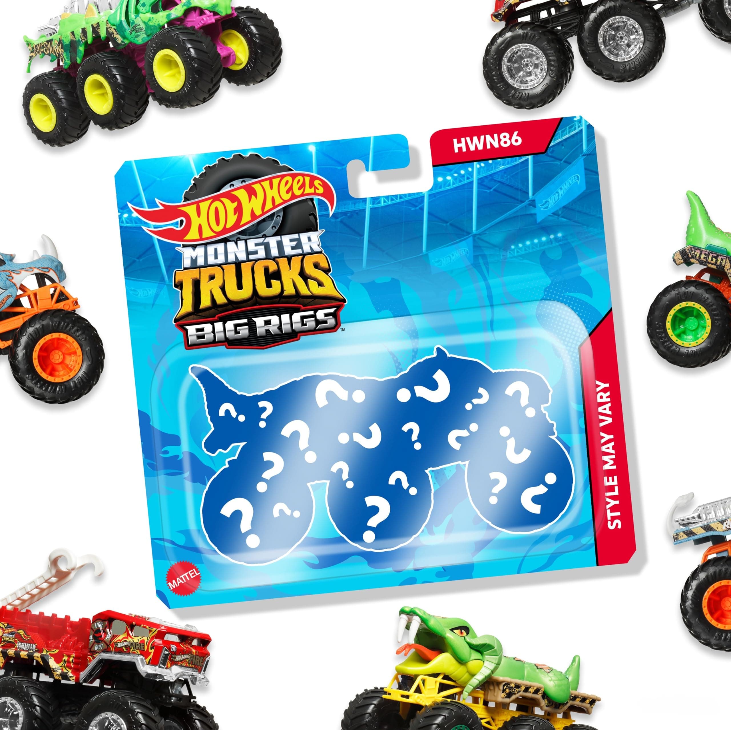 Monster Trucks Big Rigs (Assorted Styles, One Random Item), 1:64 Scale Toy Truck with 6 Wheels, Haul or Tow Other Vehicles, HWN86