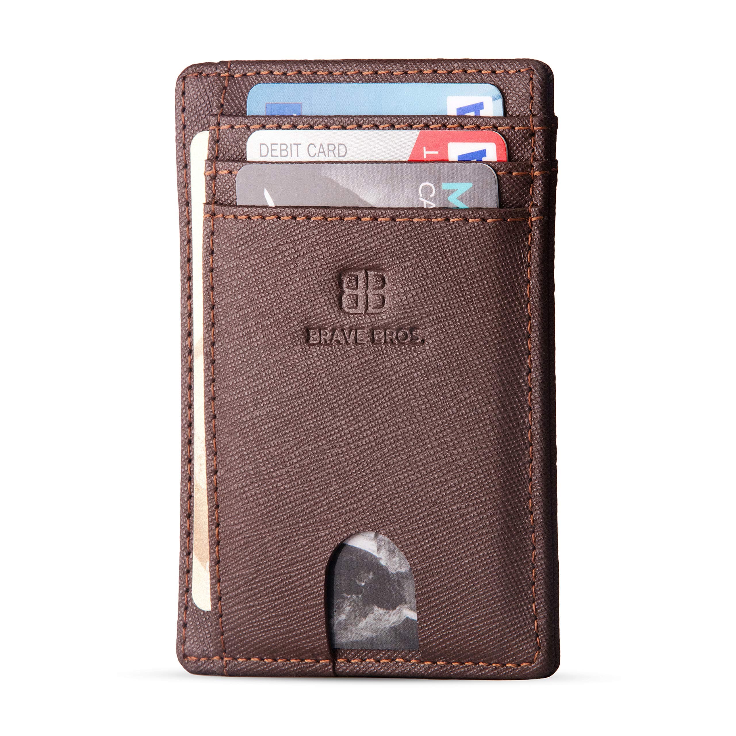 BRAVE BROS - Slim Genuine Leather RFID Blocking Minimalist Front Pocket Wallets Card Holders for Men Women (Saffiano Coffee)