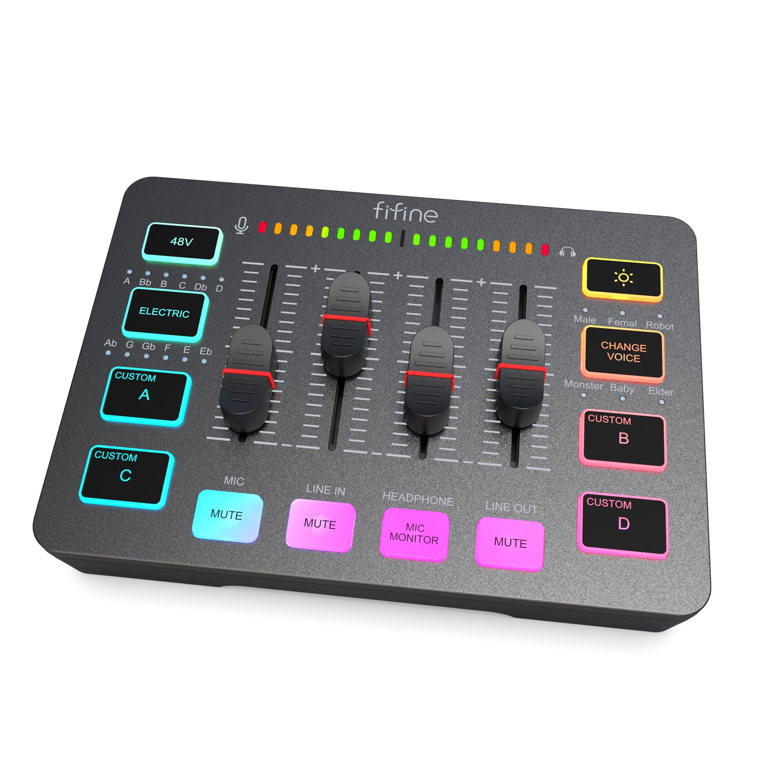 FIFINE Gaming Audio Mixer with XLR Microphone Interface, RGB PC DJ Mixer with Volume Fader, Individual Control, Mute and Monitor, 48V Phantom Power Supply, for