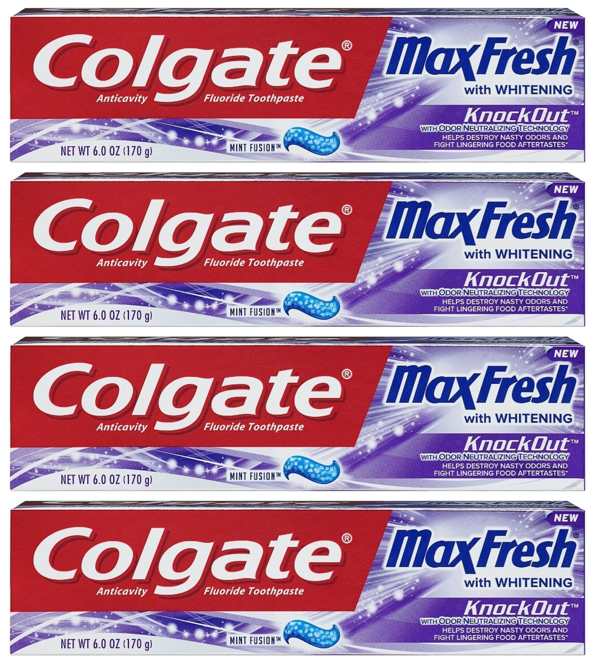 Colgate Max Fresh Toothpaste - KnockOut - With Odor Neutralizing Technology - Net Wt. 6 OZ (170 g) Per Tube - Pack of 4 Tubes