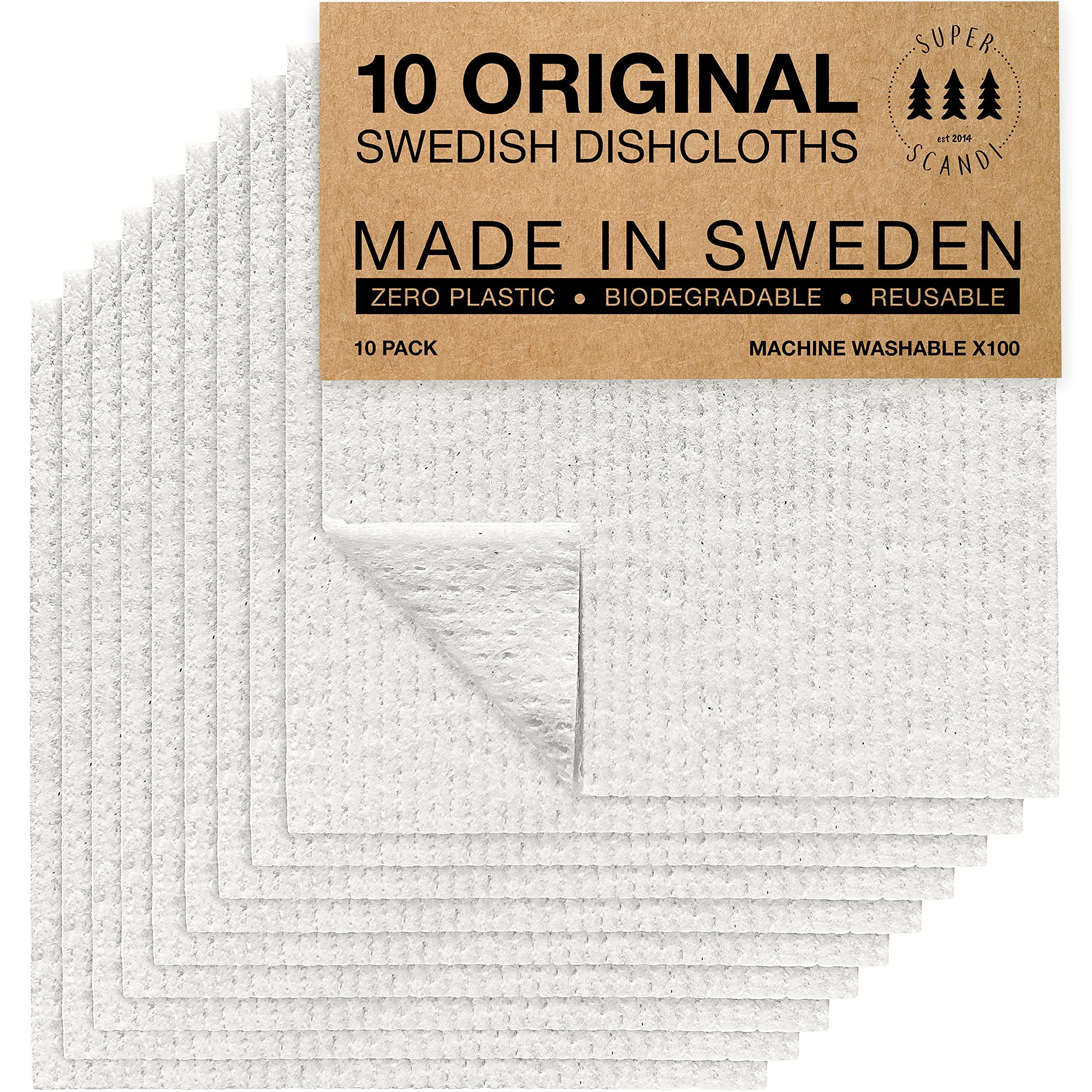 SUPERSCANDI 10 Pack Swedish Dishcloths for Kitchen - 100% Biodegradable & Compostable Reusable Paper Towels Washable, Food-Safe & Without Plastic - Dish Rags Suitable for Any Surface, White