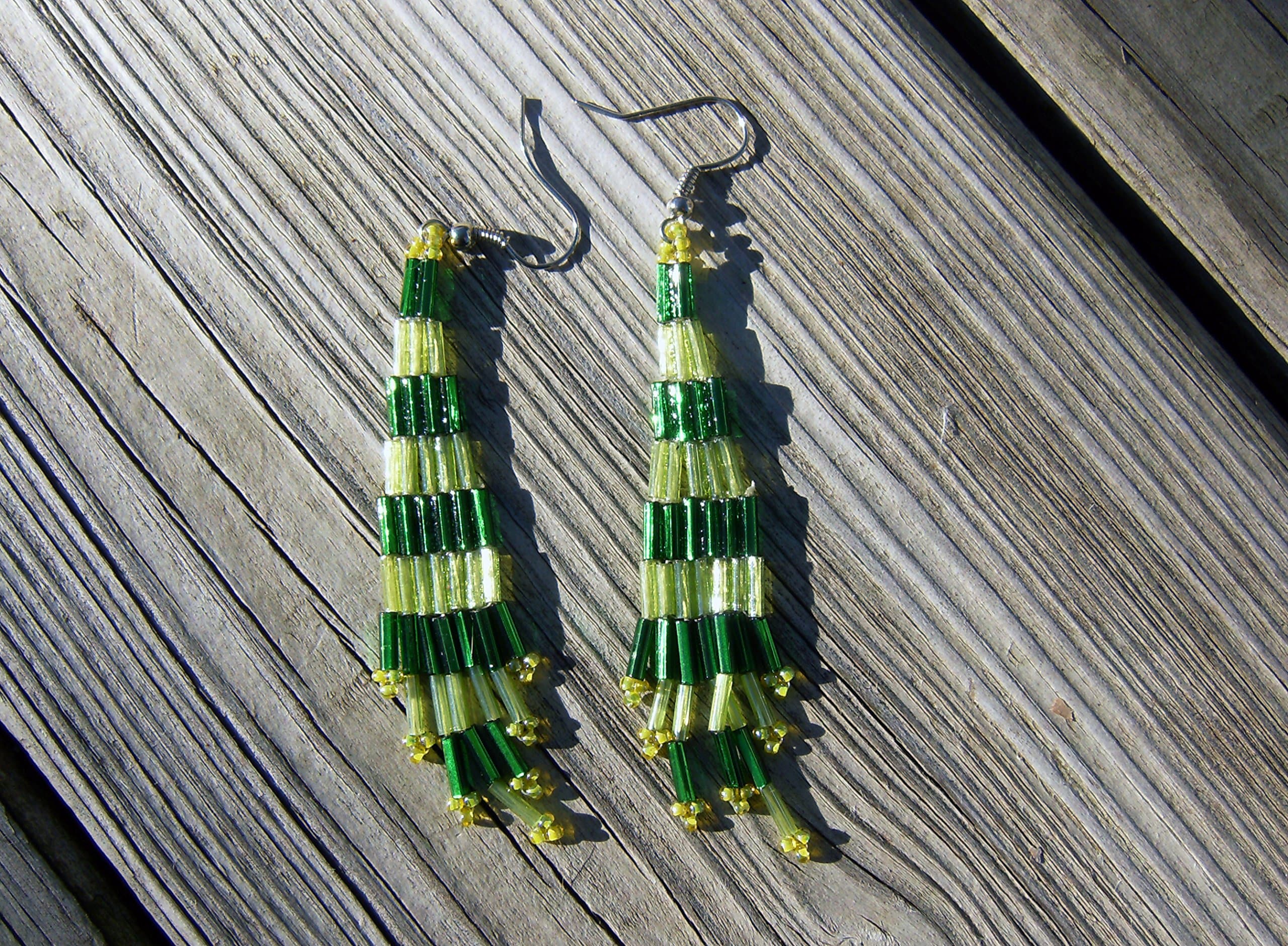 Native American style handmade large bugle bead earrings green and light green
